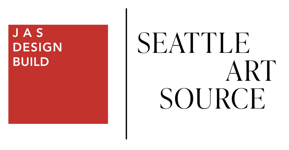 The JAS Design Build logo features a red square with white text "JAS DESIGN BUILD" on the left, and "SEATTLE ART SOURCE" in white text on a black background to the right.